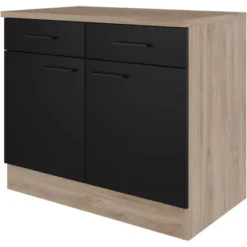 Flex-Well Exclusiv Unterschrank Capri 100 Cm Schwarz Matt-Endgrain Oak